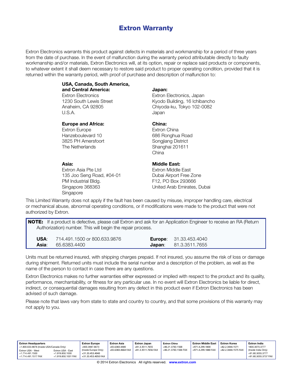 Warranty & contact info, The end, Extron warranty | Contact information | Extron Electronics MAV Plus Series User Guide User Manual | Page 166 / 166