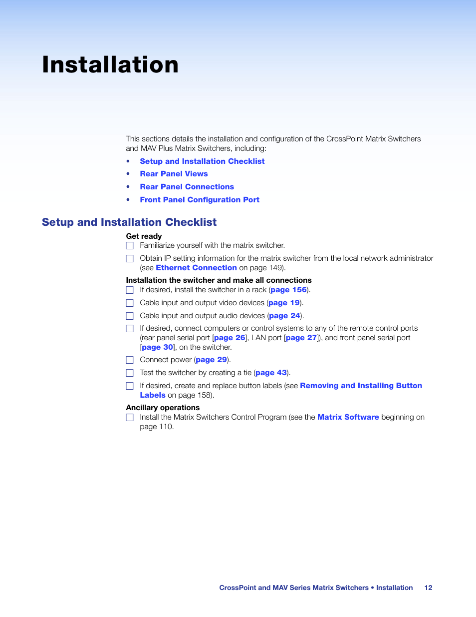 Installation, Setup and installation checklist | Extron Electronics MAV Plus Series User Guide User Manual | Page 18 / 166