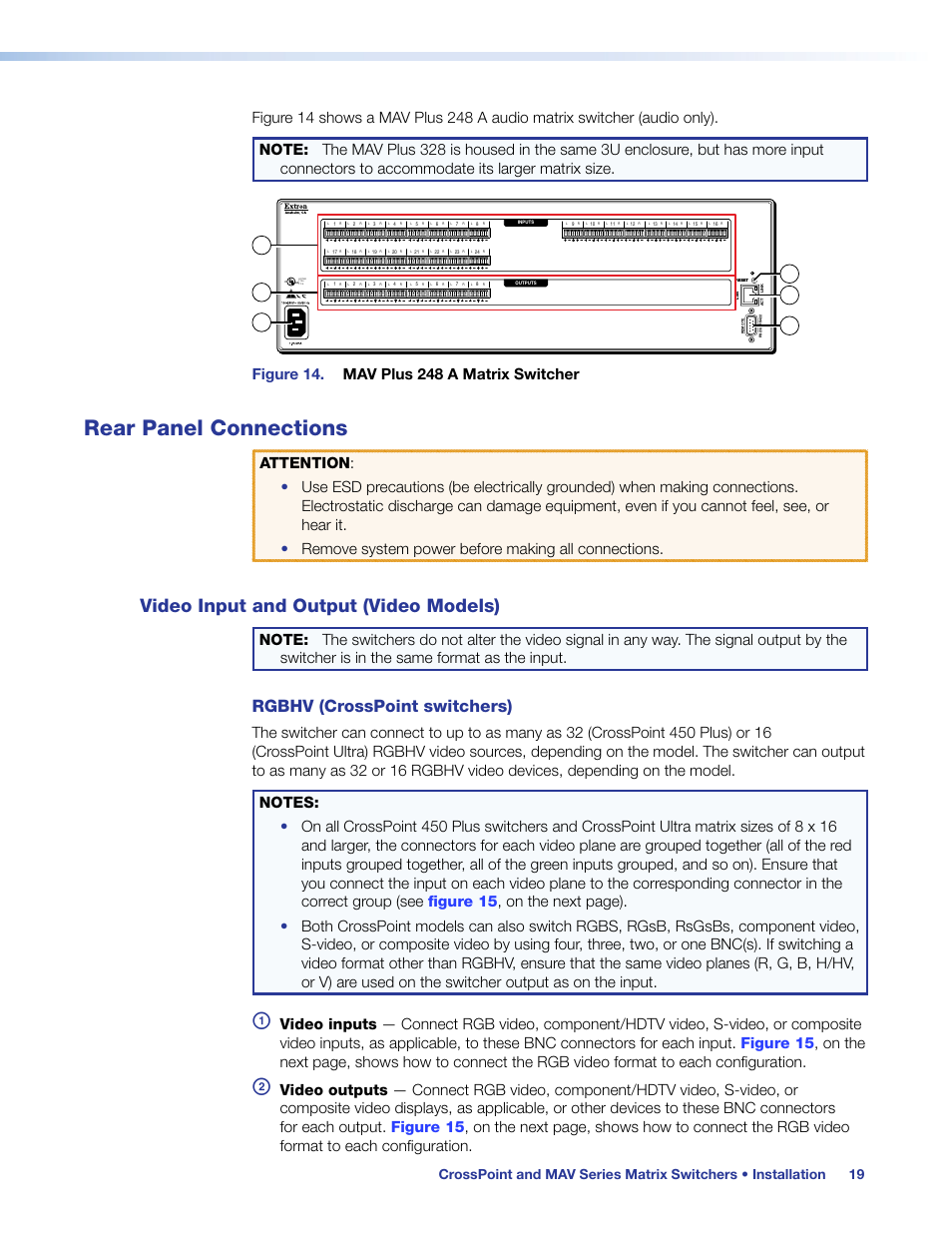 Rear panel connections, Video input and output (video switchers), Video input and output (video models) | Cable input and output video devices, This guide. see, Rgbhv (crosspoint switchers) | Extron Electronics MAV Plus Series User Guide User Manual | Page 25 / 166