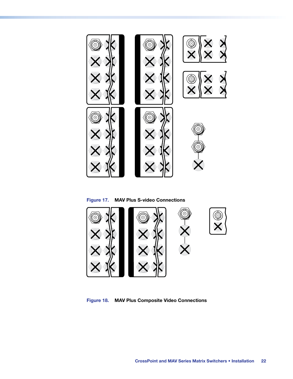 Figure 17, Figure 18, Or composite video | Inputs, as applicable, to these, Displays, as applicable, or other, Figure 17. mav plus s-video connections, Figure 18. mav plus composite video connections | Extron Electronics MAV Plus Series User Guide User Manual | Page 28 / 166