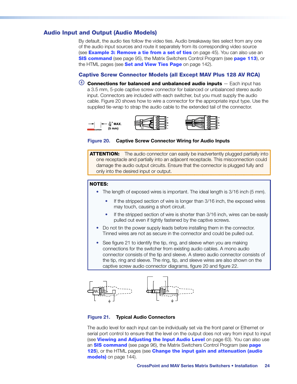 Audio input and output (audio models), Cable input and output audio devices | Extron Electronics MAV Plus Series User Guide User Manual | Page 30 / 166