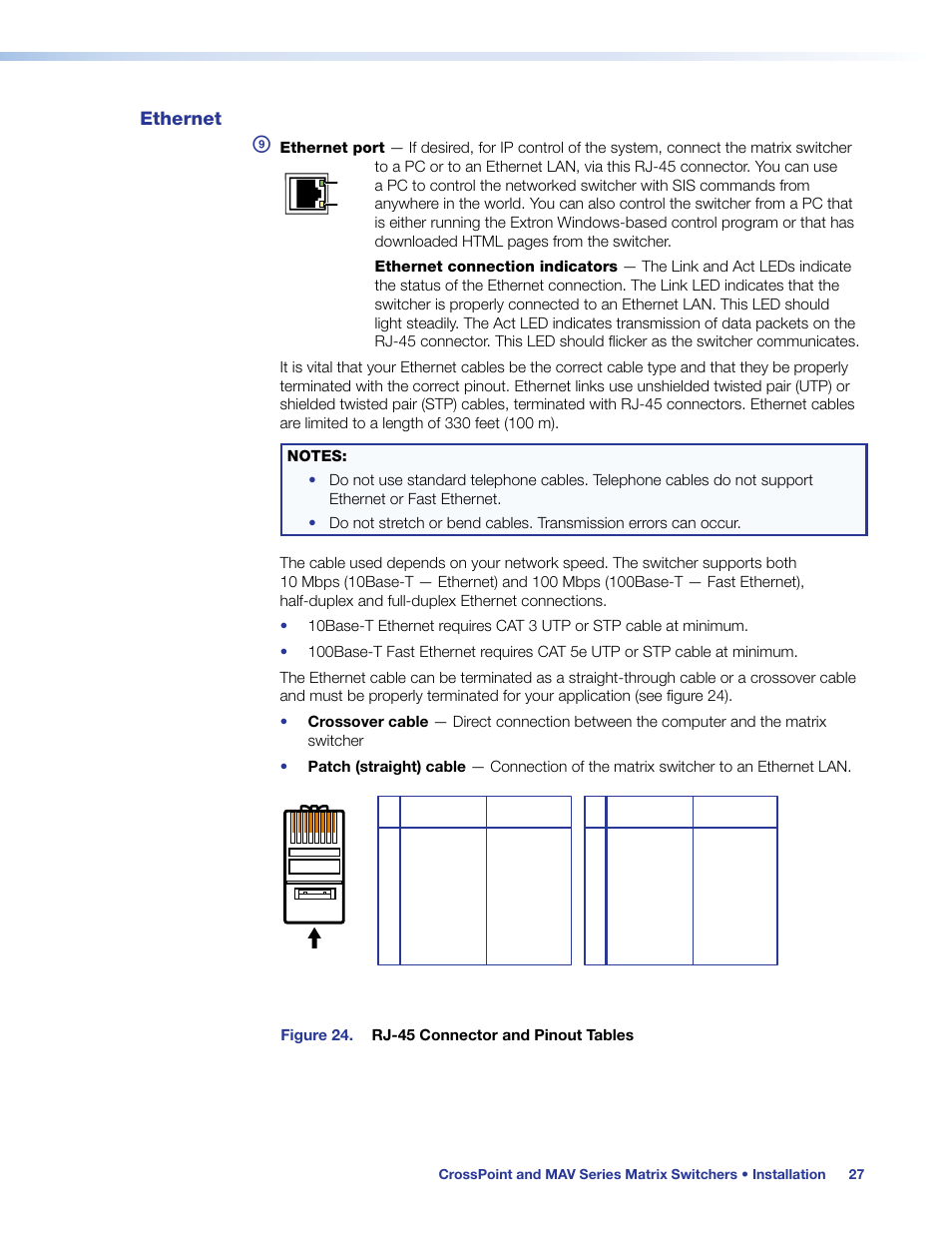 Ethernet, And fr, Figure 24. rj-45 connector and pinout tables | Extron Electronics MAV Plus Series User Guide User Manual | Page 33 / 166