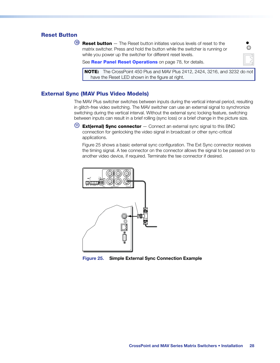 Reset button, External sync (mav plus video models), Reset button external sync (mav plus video models) | Figure 25. simple external sync connection example, Extron mav plus 3232, Matrix switcher, Extron bbg 6 a | Extron Electronics MAV Plus Series User Guide User Manual | Page 34 / 166