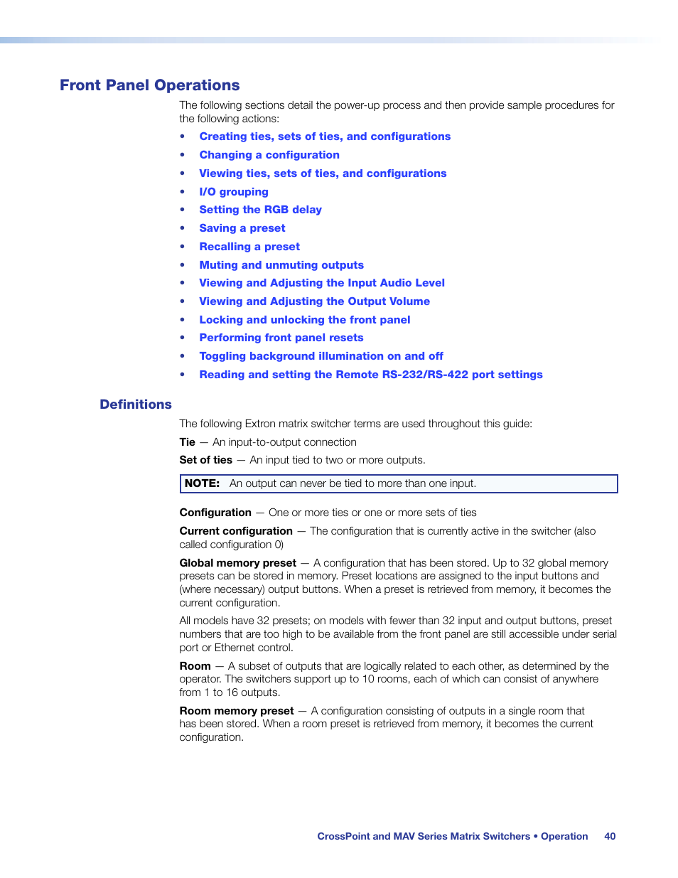 Front panel operations, Definitions | Extron Electronics MAV Plus Series User Guide User Manual | Page 46 / 166