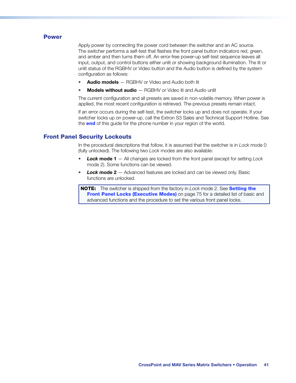 Power, Front panel security lockouts, Power front panel security lockouts | Extron Electronics MAV Plus Series User Guide User Manual | Page 47 / 166