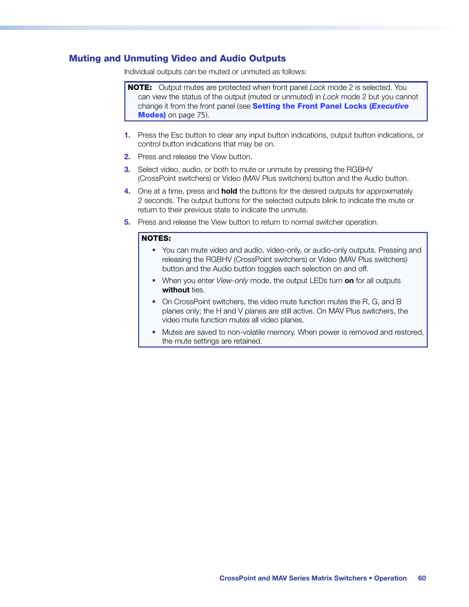 Muting and unmuting video and audio outputs, Muting and unmuting video and audio, Outputs | Output mutes, Muting and unmuting outputs | Extron Electronics MAV Plus Series User Guide User Manual | Page 66 / 166