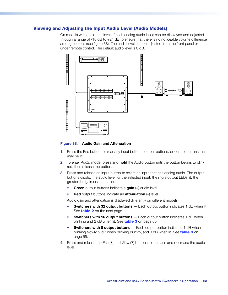 Viewing and adjusting the input, Audio level (audio models), Viewing and adjusting the input audio level | Input audio level, Input, Level, Ease, Power supply primary redundant, Preset enter esc rgbhv view audio | Extron Electronics MAV Plus Series User Guide User Manual | Page 69 / 166