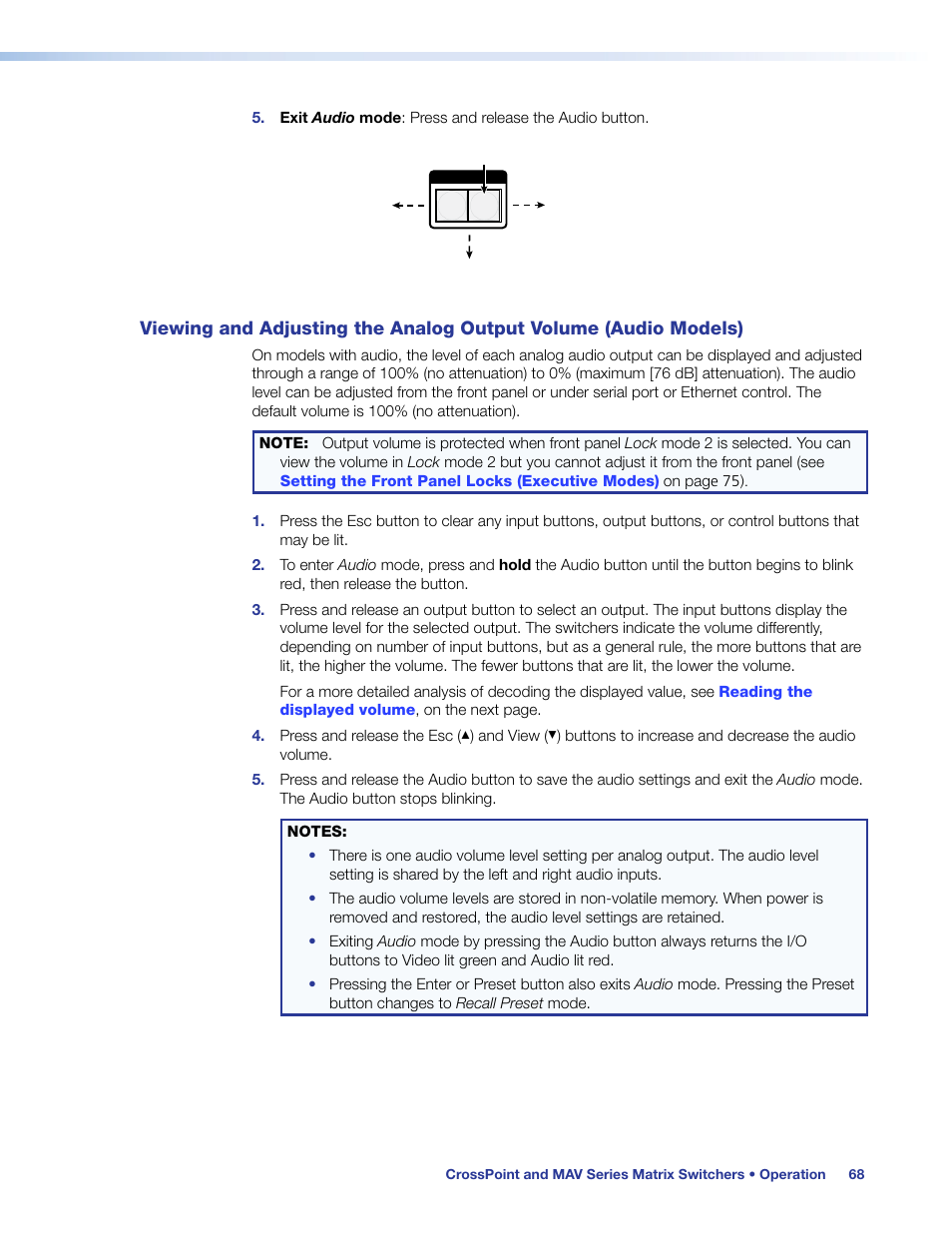 Viewing and adjusting the analog, Output volume (audio models), Ol (see the | Viewing and adjusting the analog output volume, Output audio volume, Output, Volume, Viewing and adjusting the output volume | Extron Electronics MAV Plus Series User Guide User Manual | Page 74 / 166