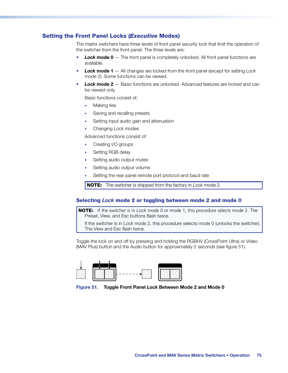 Setting the front panel locks (executive modes), Setting the front panel locks (executive, Modes) | Front panel locks, Locking and unlocking the front panel, Setting the, Front panel locks (executive modes), Ont panel (see, Setting the front panel locks ( executive, On pag | Extron Electronics MAV Plus Series User Guide User Manual | Page 81 / 166