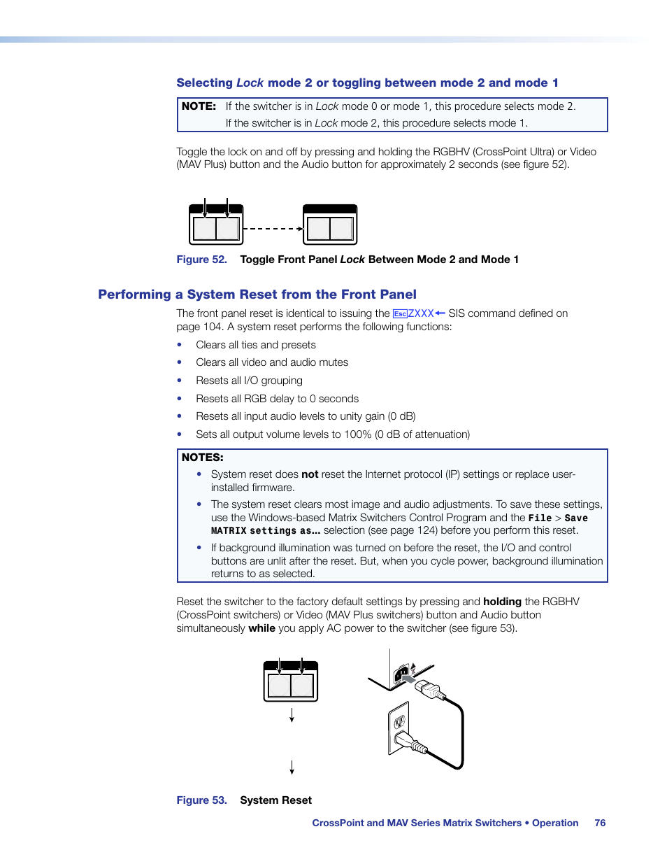 Performing a system reset from the front panel, Performing a system reset from the, Front panel | Resets, Performing front panel resets | Extron Electronics MAV Plus Series User Guide User Manual | Page 82 / 166