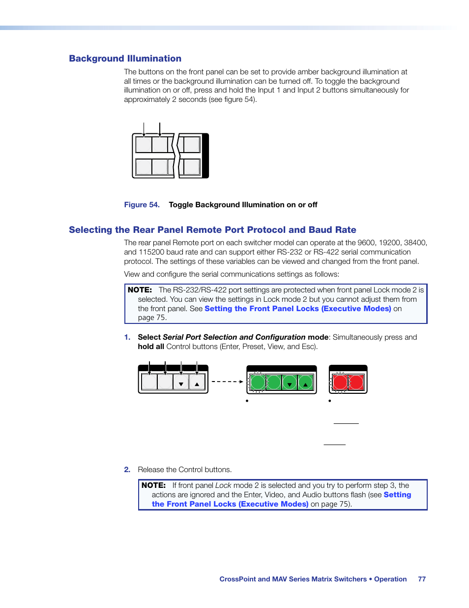 Background illumination, Protocol and baud rate, Rates. see | Baud rate, Port configuration, Toggling background illumination on and off | Extron Electronics MAV Plus Series User Guide User Manual | Page 83 / 166