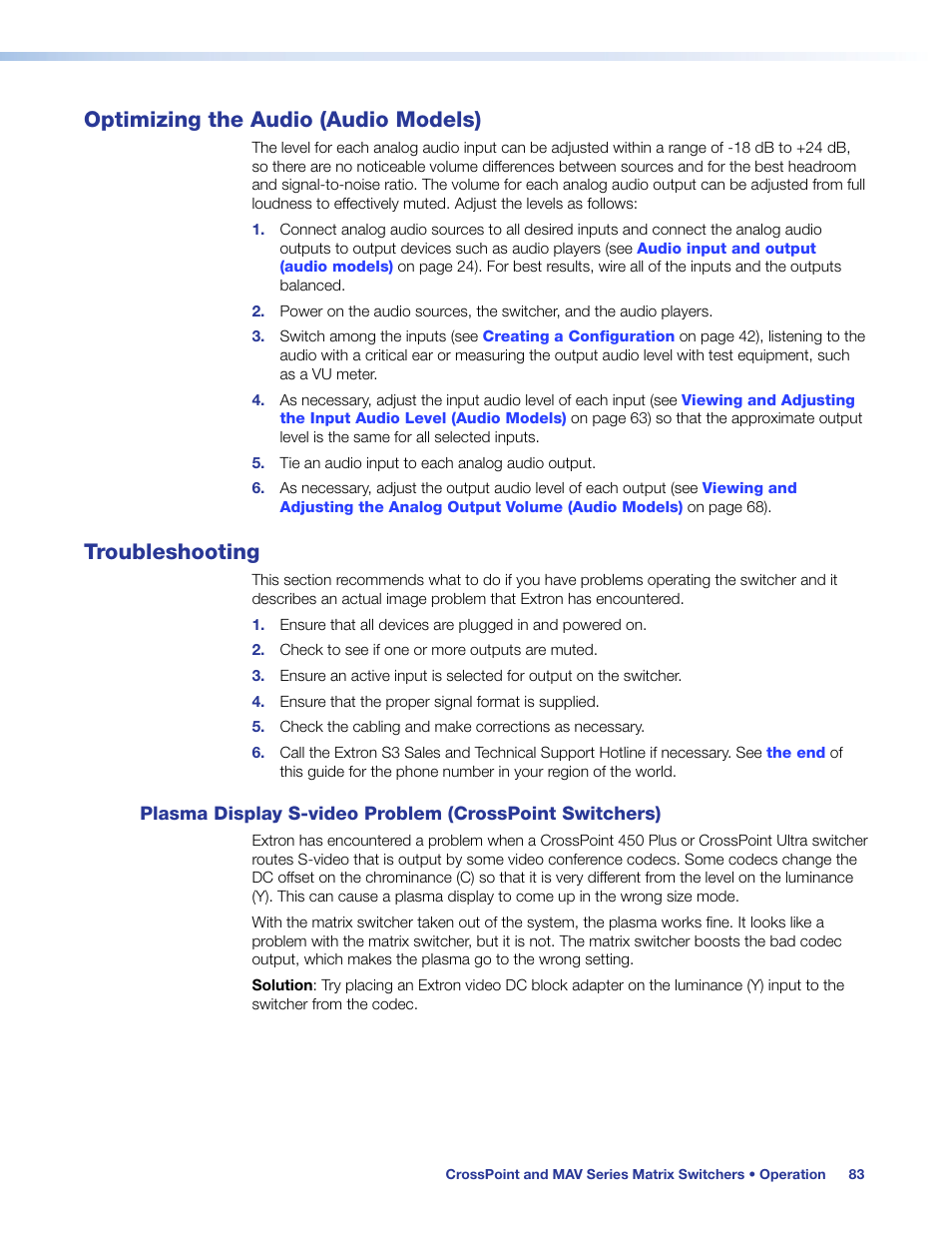 Optimizing the audio (audio models), Troubleshooting, Plasma display s-video problem | Crosspoint switchers) | Extron Electronics MAV Plus Series User Guide User Manual | Page 89 / 166