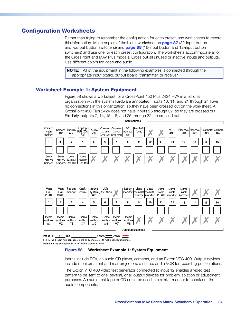 Configuration worksheets, Worksheet example 1: system equipment, Worksheet example 1 | System equipment | Extron Electronics MAV Plus Series User Guide User Manual | Page 90 / 166