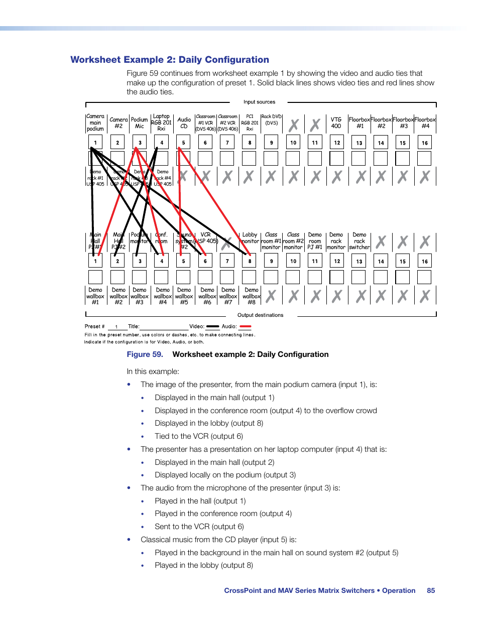 Worksheet example 2: daily configuration, Worksheet example 2, Daily configuration | Displayed in the main hall (output 1), Displayed in the lobby (output 8), Displayed in the main hall (output 2), Played in the hall (output 1), Played in the conference room (output 4), Played in the lobby (output 8) | Extron Electronics MAV Plus Series User Guide User Manual | Page 91 / 166