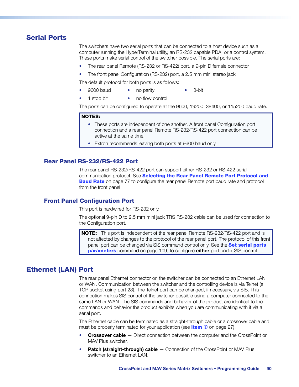 Serial ports, Rear panel rs-232/rs-422 port, Front panel configuration port | Ethernet (lan) port | Extron Electronics MAV Plus Series User Guide User Manual | Page 96 / 166