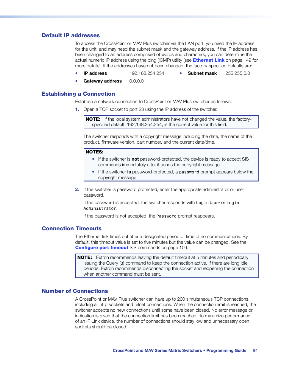 Default ip addresses, Establishing a connection, Connection timeouts | Number of connections | Extron Electronics MAV Plus Series User Guide User Manual | Page 97 / 166