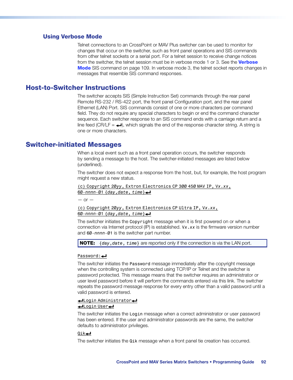 Using verbose mode, Host-to-switcher instructions, Switcher-initiated messages | Extron Electronics MAV Plus Series User Guide User Manual | Page 98 / 166