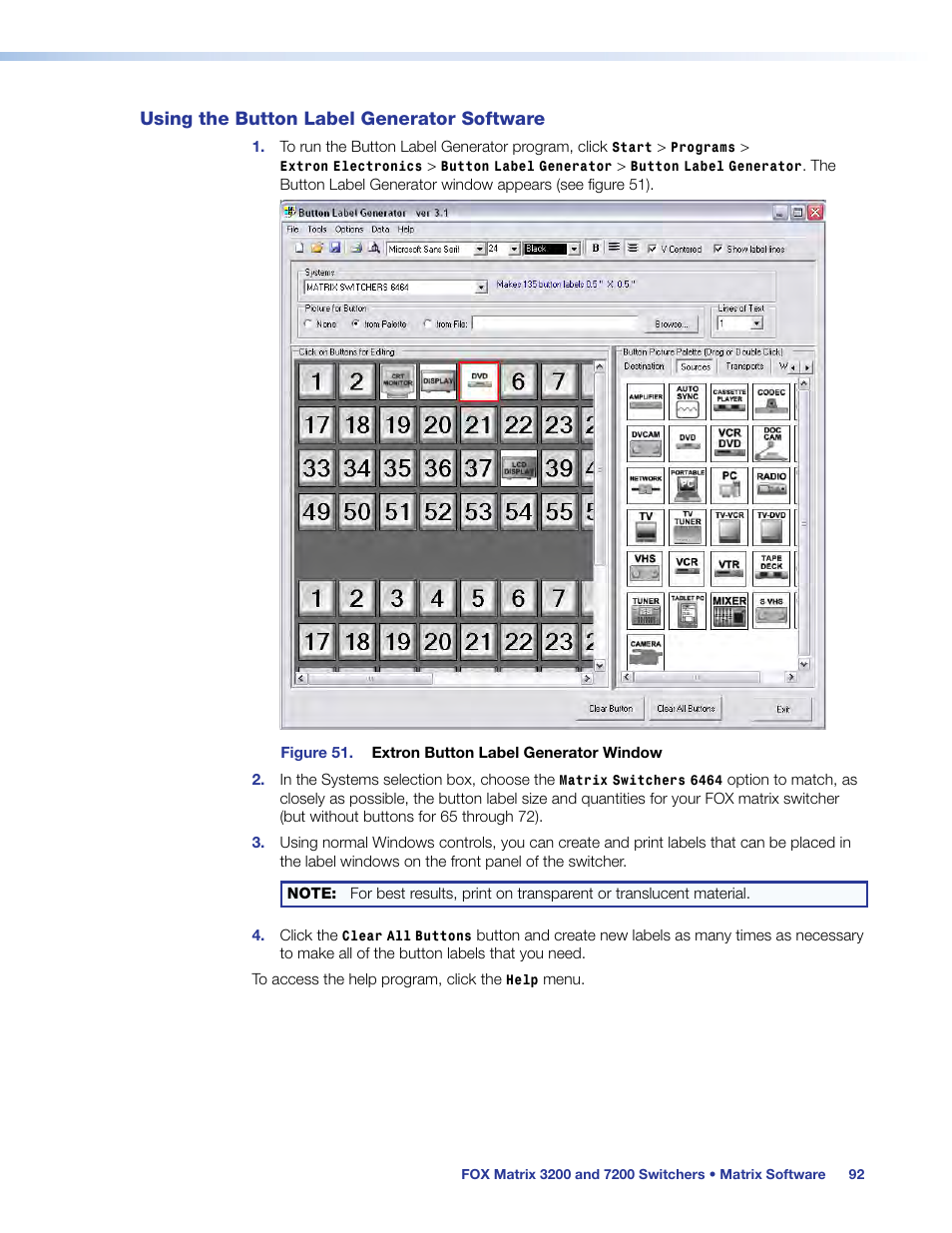Using the button-label generator software, Using the button label generator software | Extron Electronics FOX Matrix 7200 User Manual | Page 100 / 132