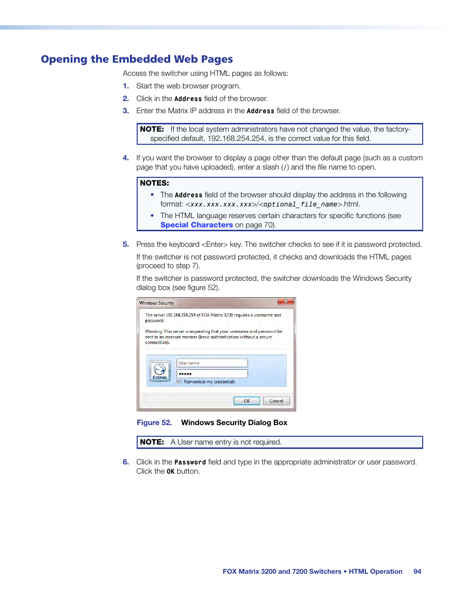 Opening the embedded web pages | Extron Electronics FOX Matrix 7200 User Manual | Page 102 / 132