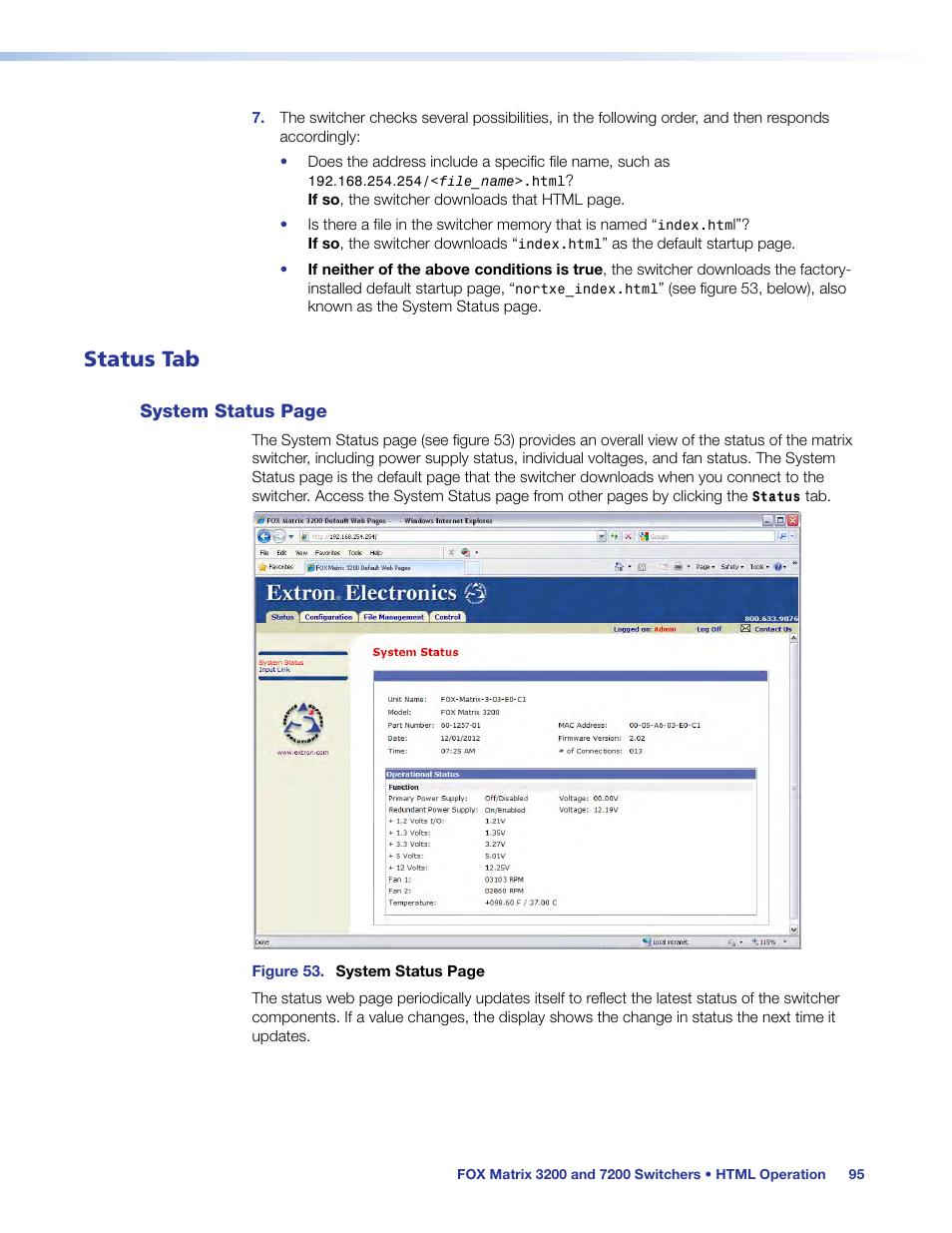 Status tab | Extron Electronics FOX Matrix 7200 User Manual | Page 103 / 132