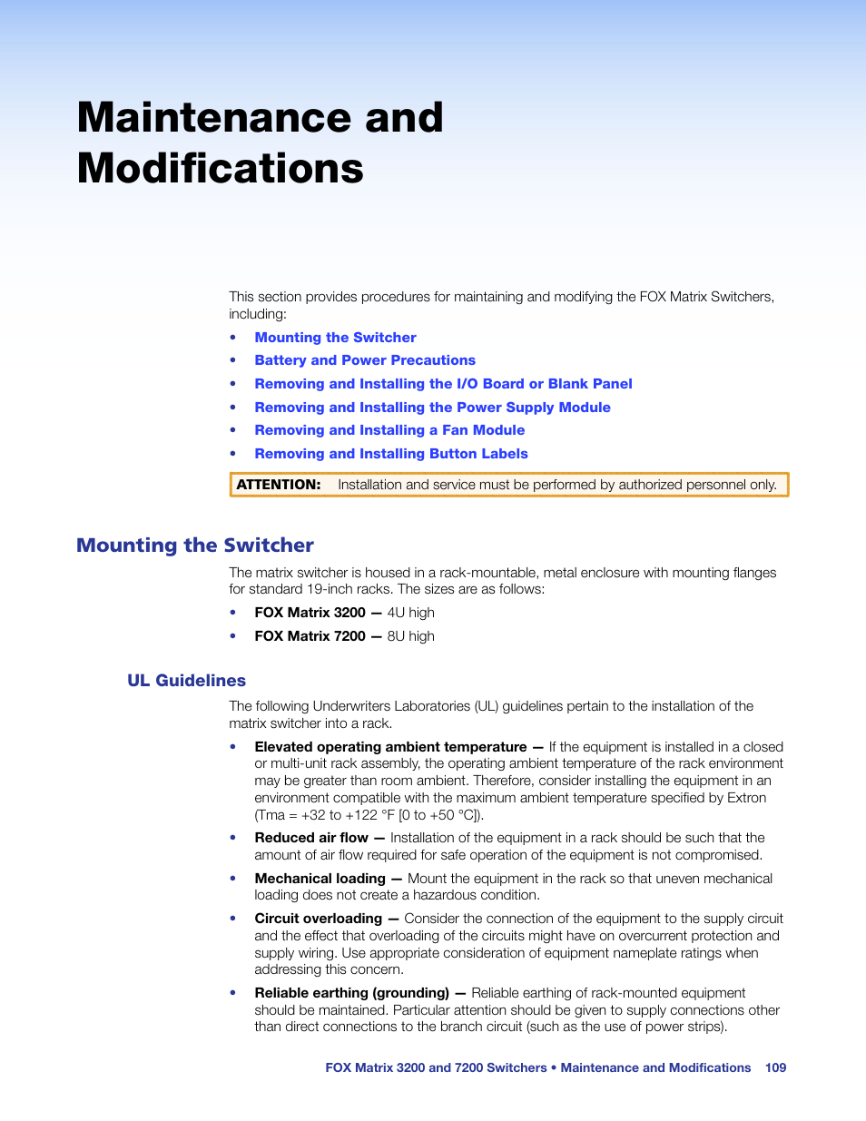 Maintenance and modifications, Mounting the switcher, Ul guidelines | Ed, install the switcher in a rack (see | Extron Electronics FOX Matrix 7200 User Manual | Page 117 / 132