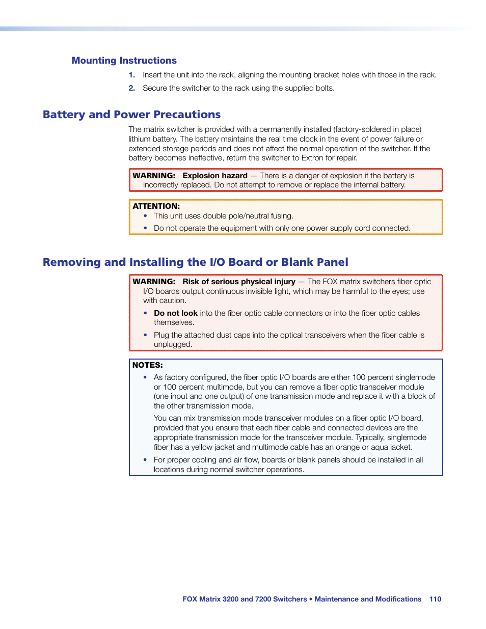 Mounting instructions, Battery and power precautions, Or blank panel | Extron Electronics FOX Matrix 7200 User Manual | Page 118 / 132