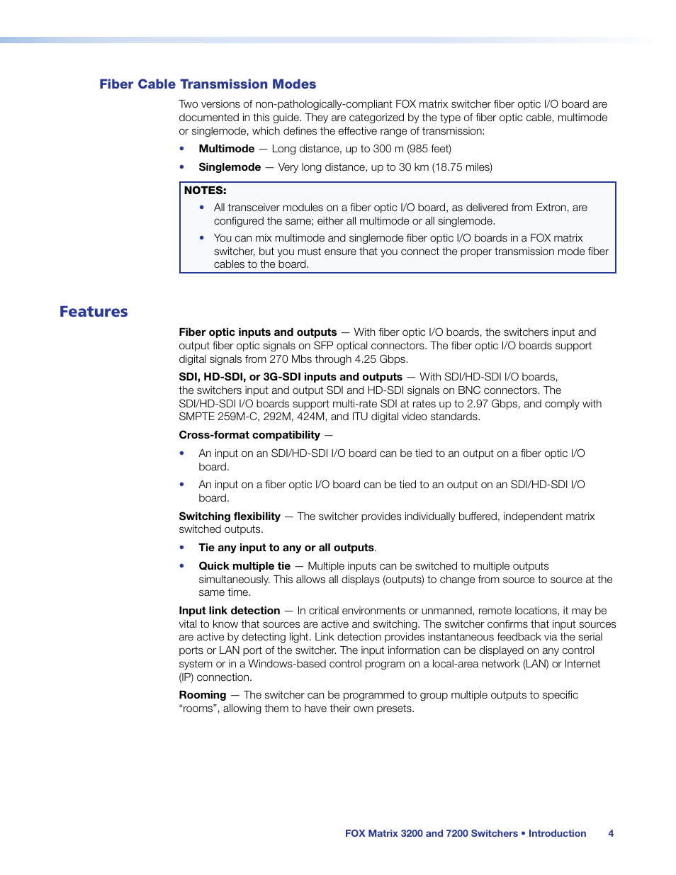 Fiber cable transmission modes, Features | Extron Electronics FOX Matrix 7200 User Manual | Page 12 / 132