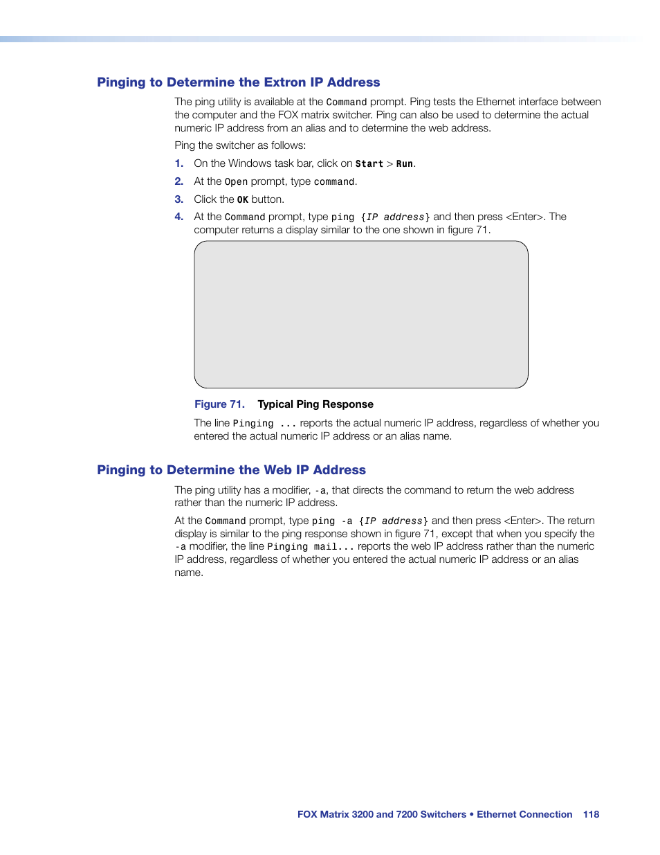 Pinging to determine the extron ip address, Pinging to determine the web ip address, Pinging to determine the | Extron ip address | Extron Electronics FOX Matrix 7200 User Manual | Page 126 / 132