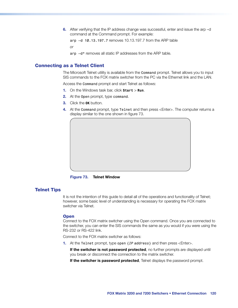 Connecting as a telnet client, Telnet tips, Connecting as a telnet client telnet tips | Extron Electronics FOX Matrix 7200 User Manual | Page 128 / 132