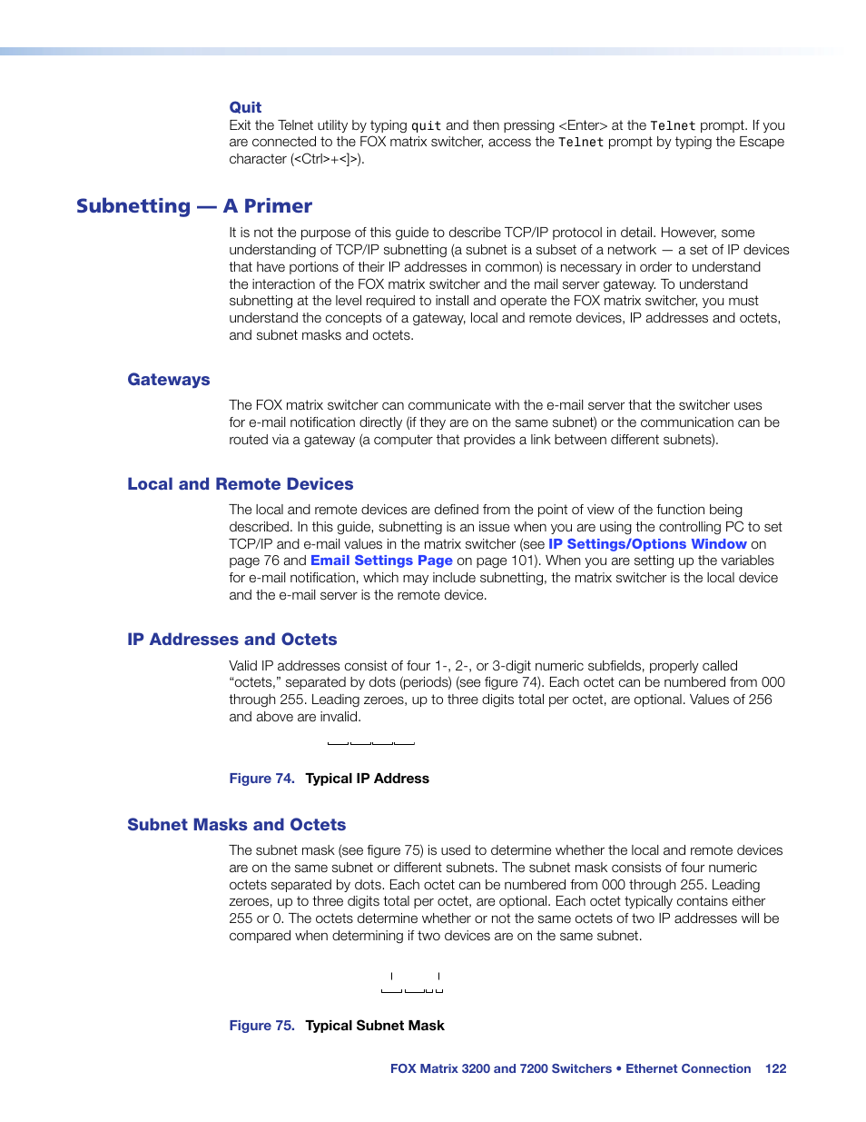 Subnetting — a primer, Gateways, Local and remote devices | Ip addresses and octets, Subnet masks and octets | Extron Electronics FOX Matrix 7200 User Manual | Page 130 / 132