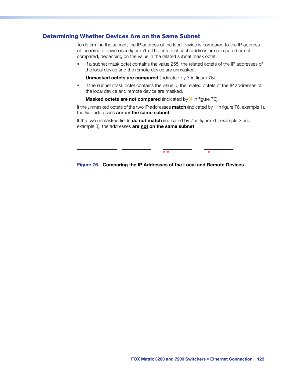 Determining whether devices are on the same subnet, Determining whether devices are, On the same subnet | Extron Electronics FOX Matrix 7200 User Manual | Page 131 / 132
