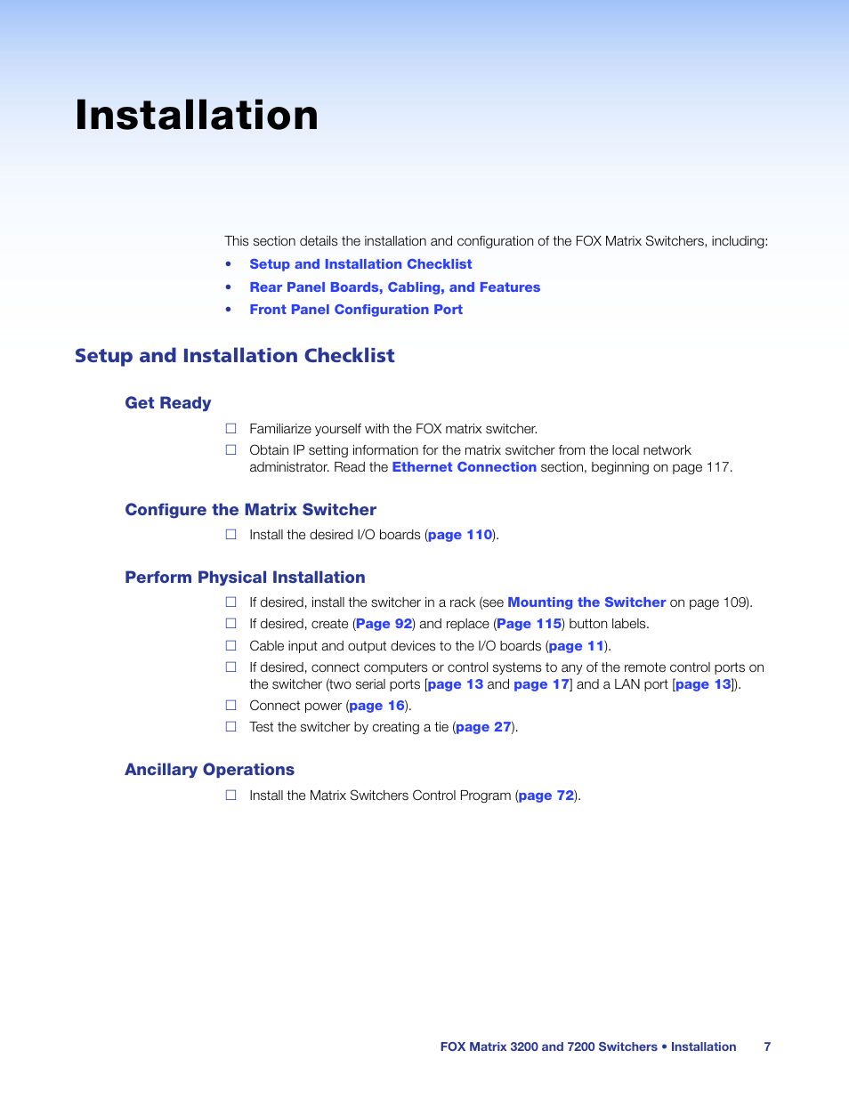 Installation, Setup and installation checklist, Get ready | Configure the matrix switcher, Perform physical installation, Ancillary operations | Extron Electronics FOX Matrix 7200 User Manual | Page 15 / 132