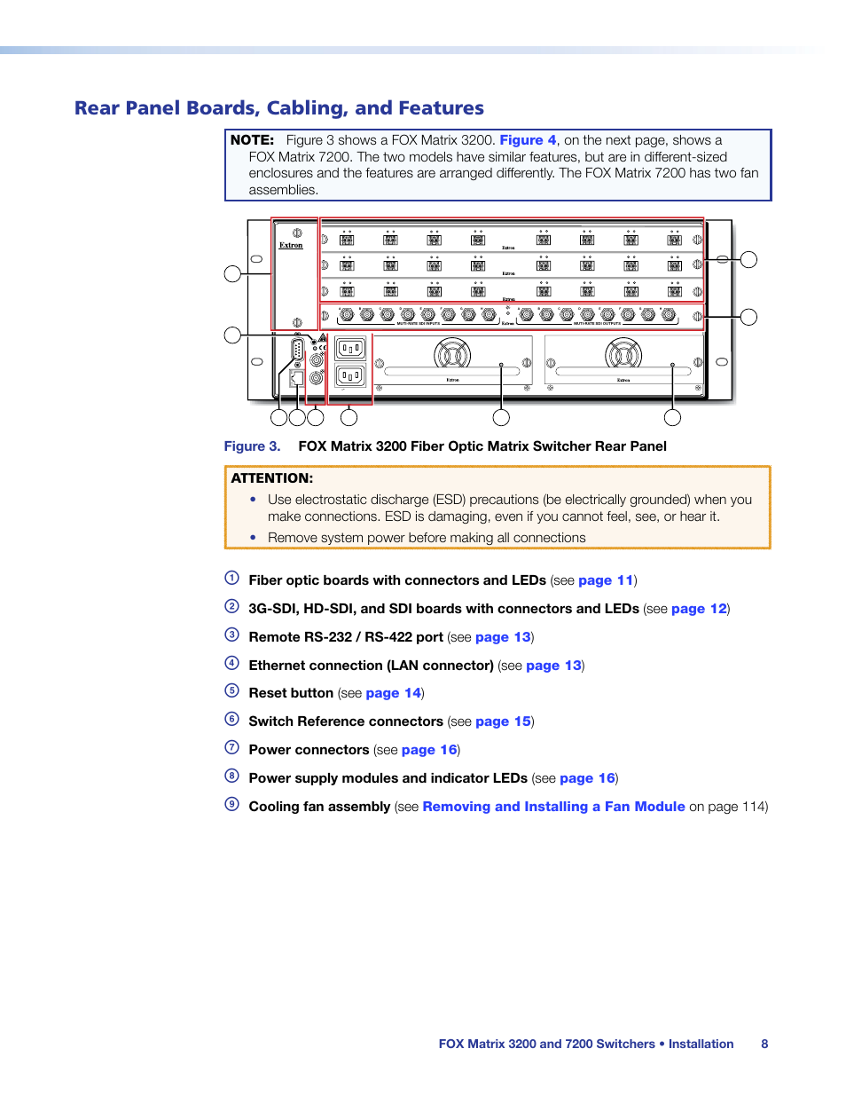 Rear panel boards, cabling, and features, Ethernet connection (lan connector) (see page 13 ), Reset button (see page 14 ) | Switch reference connectors (see page 15 ), Power connectors (see page 16 ) | Extron Electronics FOX Matrix 7200 User Manual | Page 16 / 132