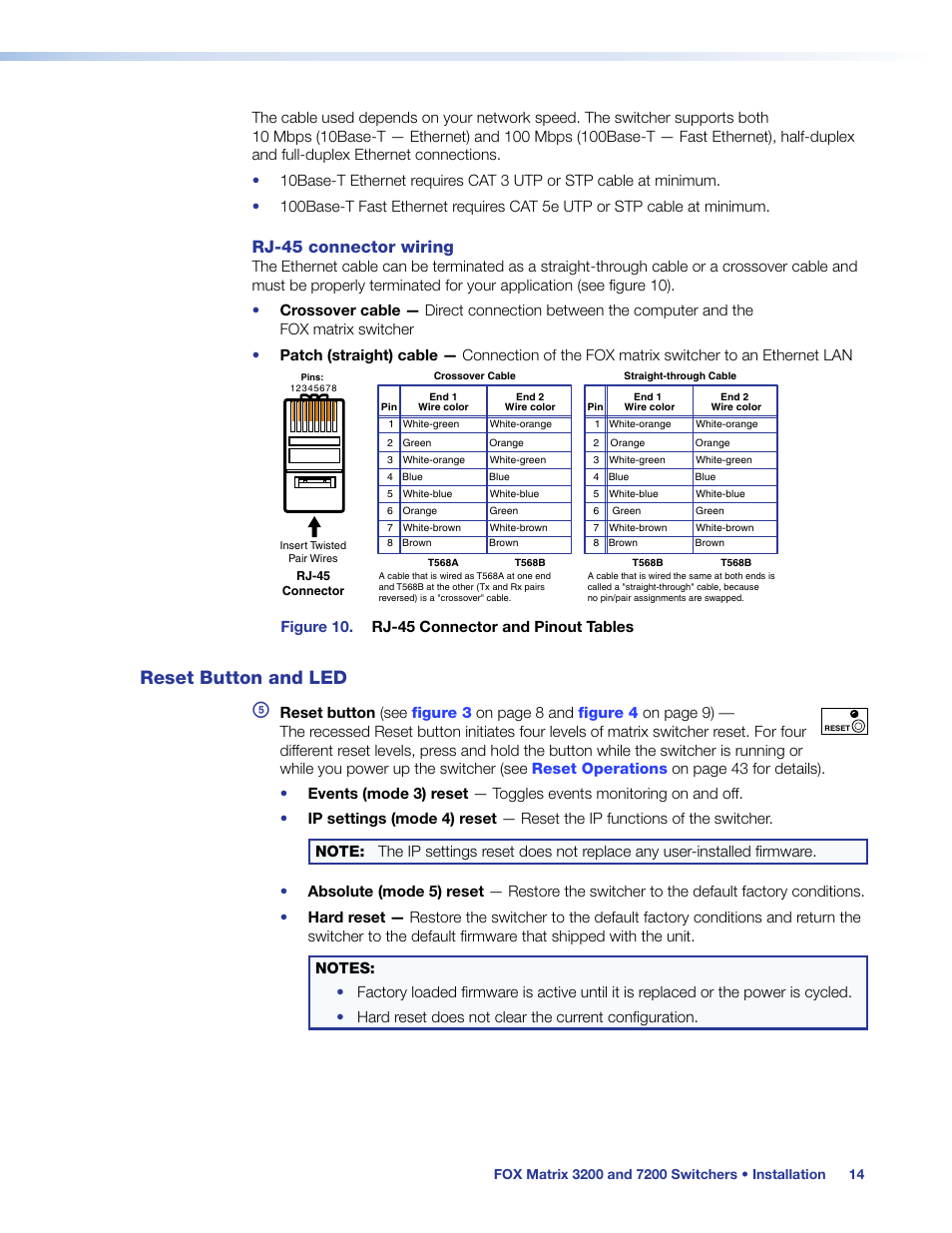 Reset button and led, Rj-45 connector wiring | Extron Electronics FOX Matrix 7200 User Manual | Page 22 / 132