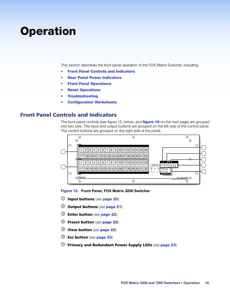 Operation, Front panel controls and indicators | Extron Electronics FOX Matrix 7200 User Manual | Page 26 / 132