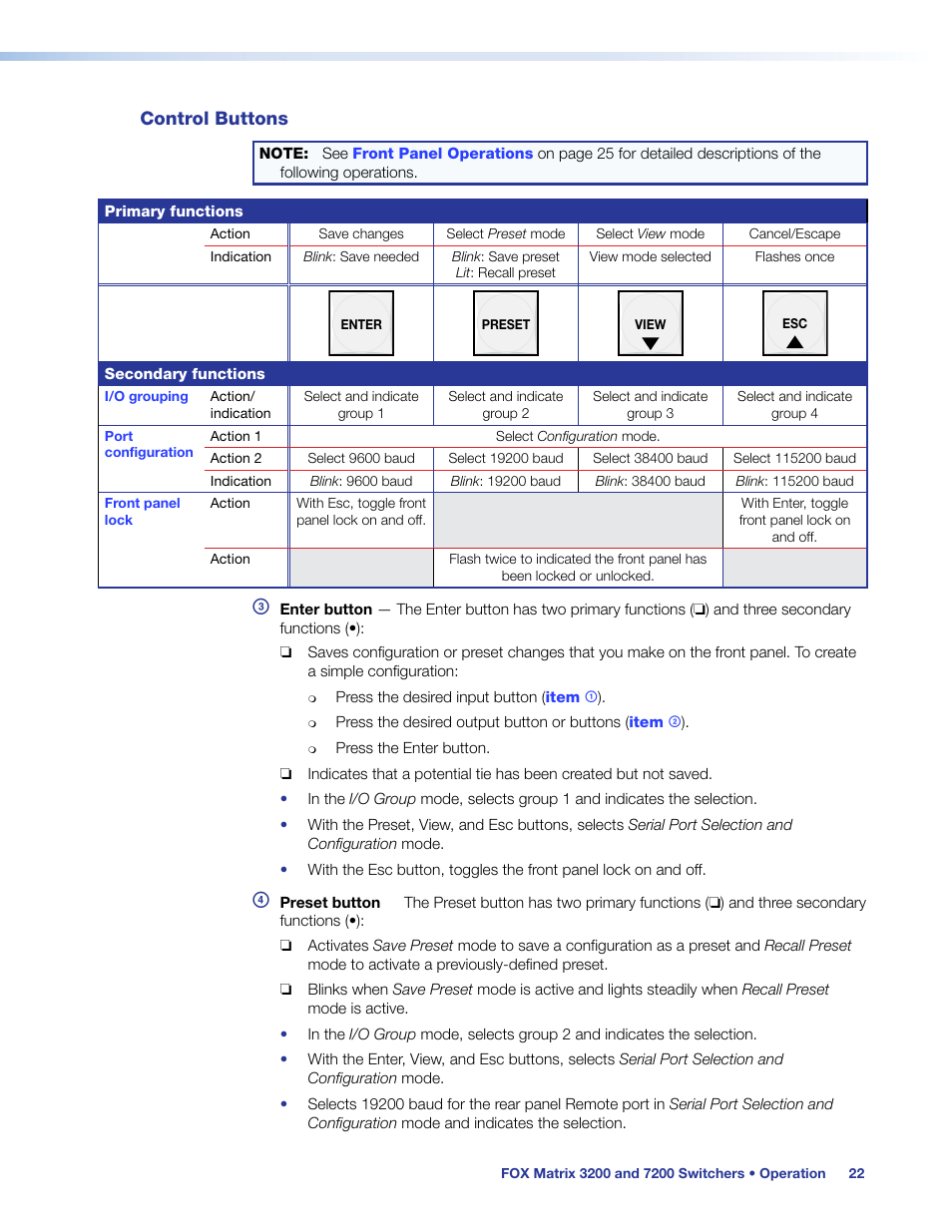 Control buttons | Extron Electronics FOX Matrix 7200 User Manual | Page 30 / 132