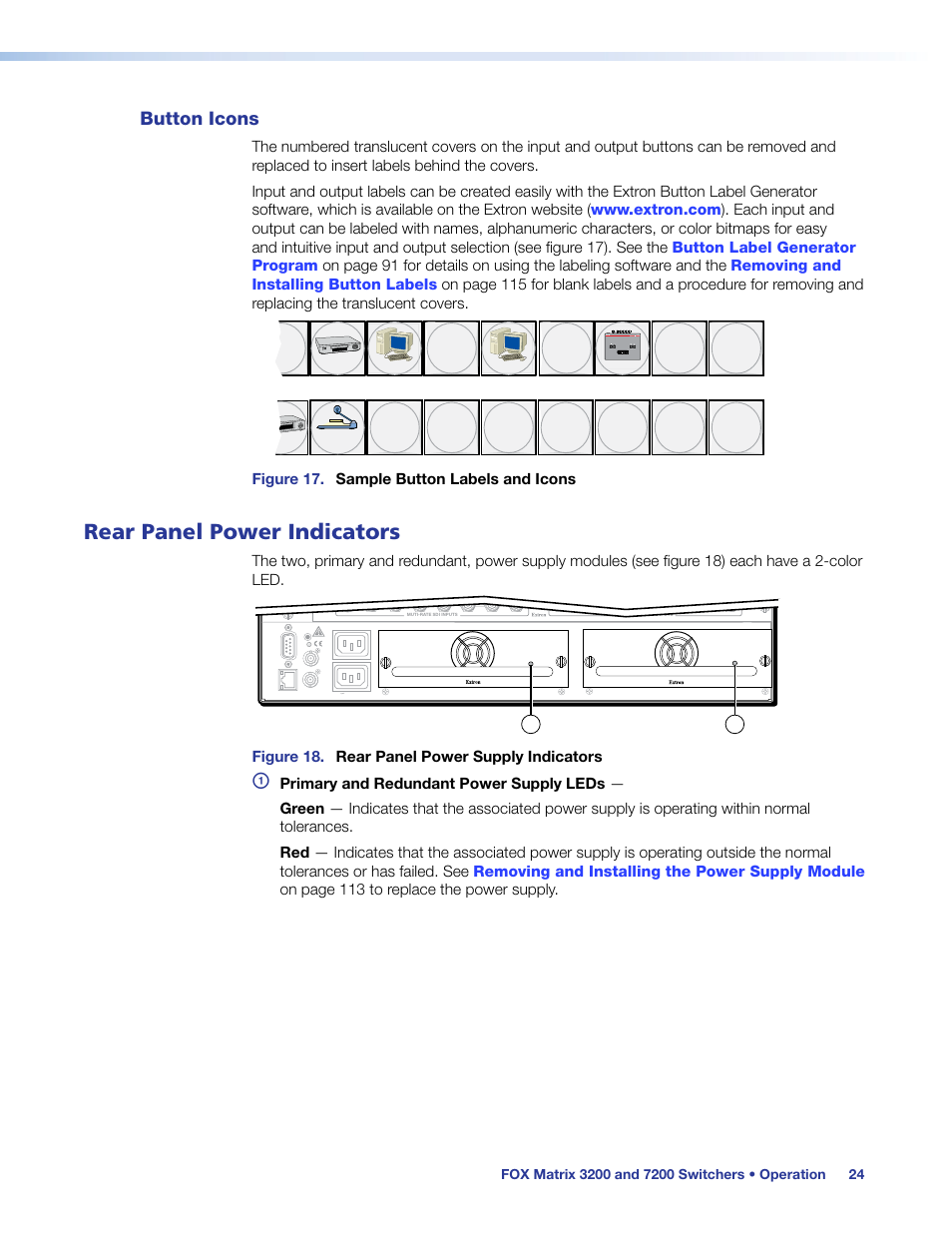 Button icons, Rear panel power indicators | Extron Electronics FOX Matrix 7200 User Manual | Page 32 / 132