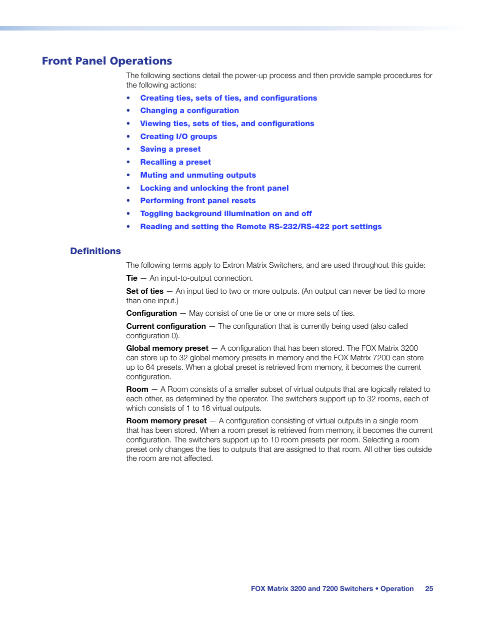 Front panel operations, Definitions | Extron Electronics FOX Matrix 7200 User Manual | Page 33 / 132