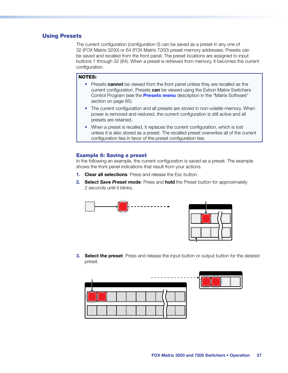 Using presets, Presets, Saving a preset | Extron Electronics FOX Matrix 7200 User Manual | Page 45 / 132