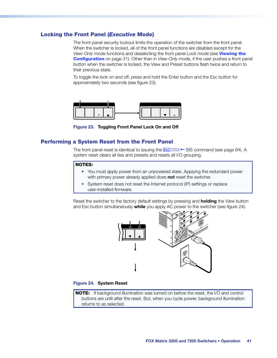 Locking the front panel (executive mode), Performing a system reset from the front panel, Performing a system reset from | The front panel, Front panel lock, Locking and unlocking the front panel, Performing front panel resets, Ont panel (see, Locking the front panel ( executive mode), Figure 23. toggling front panel lock on and off | Extron Electronics FOX Matrix 7200 User Manual | Page 49 / 132