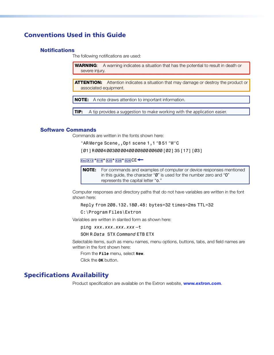 Conventions used in this guide, Specifications availability | Extron Electronics FOX Matrix 7200 User Manual | Page 5 / 132