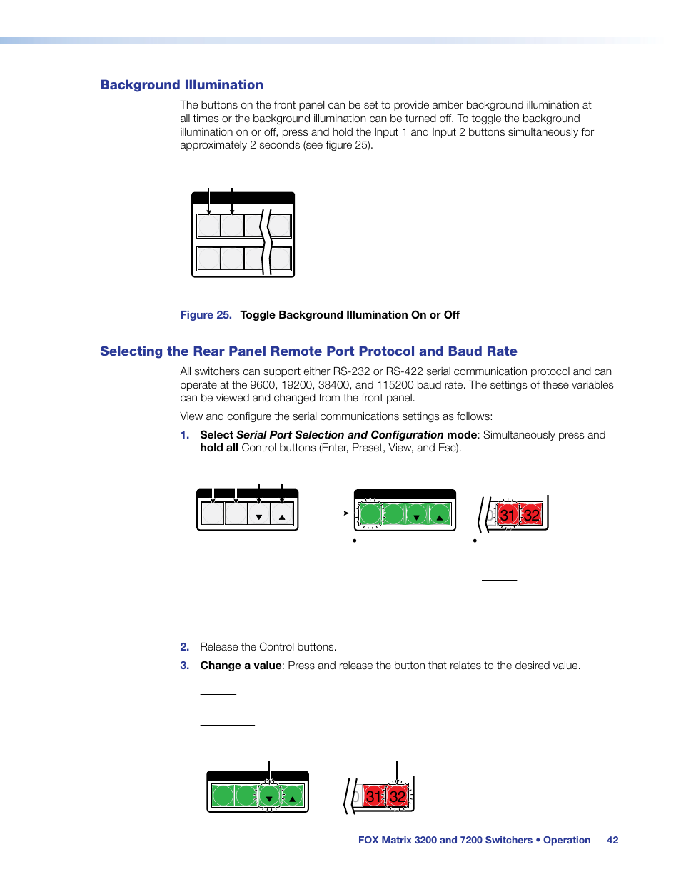 Background illumination, Protocol and baud rate, F (see | Port configuration, Toggling background illumination on and off | Extron Electronics FOX Matrix 7200 User Manual | Page 50 / 132