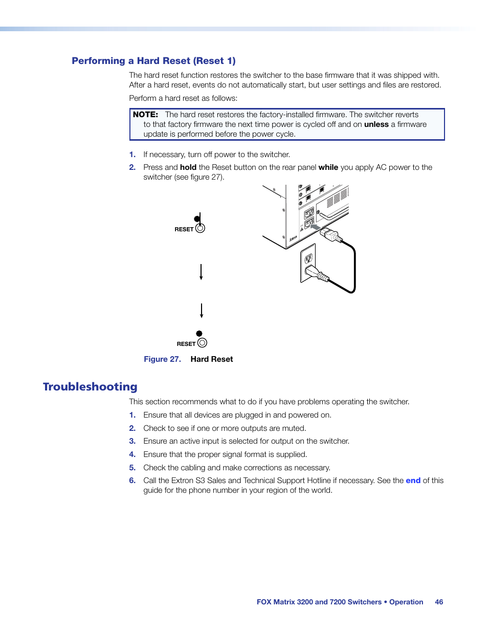 Performing a hard reset (reset 1), Troubleshooting, Power | Figure 27. hard reset | Extron Electronics FOX Matrix 7200 User Manual | Page 54 / 132