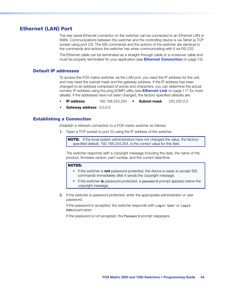 Ethernet (lan) port, Default ip addresses, Establishing a connection | Default ip addresses establishing a connection | Extron Electronics FOX Matrix 7200 User Manual | Page 62 / 132