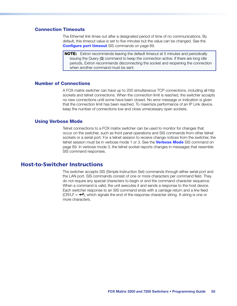 Connection timeouts, Number of connections, Using verbose mode | Host-to-switcher instructions, Host‑to‑switcher instructions | Extron Electronics FOX Matrix 7200 User Manual | Page 63 / 132