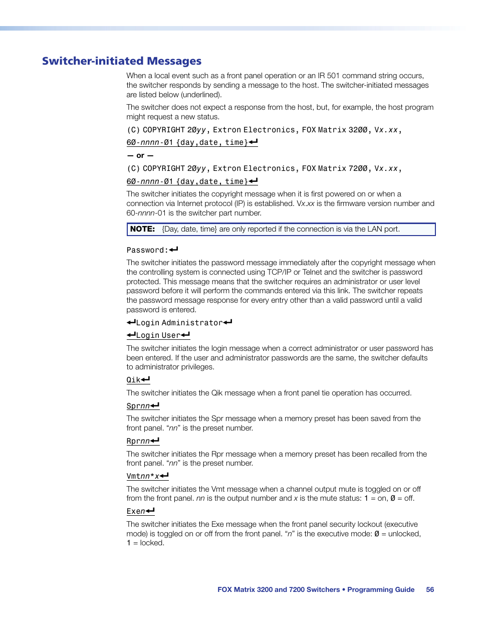 Switcher-initiated messages, Switcher‑initiated messages | Extron Electronics FOX Matrix 7200 User Manual | Page 64 / 132