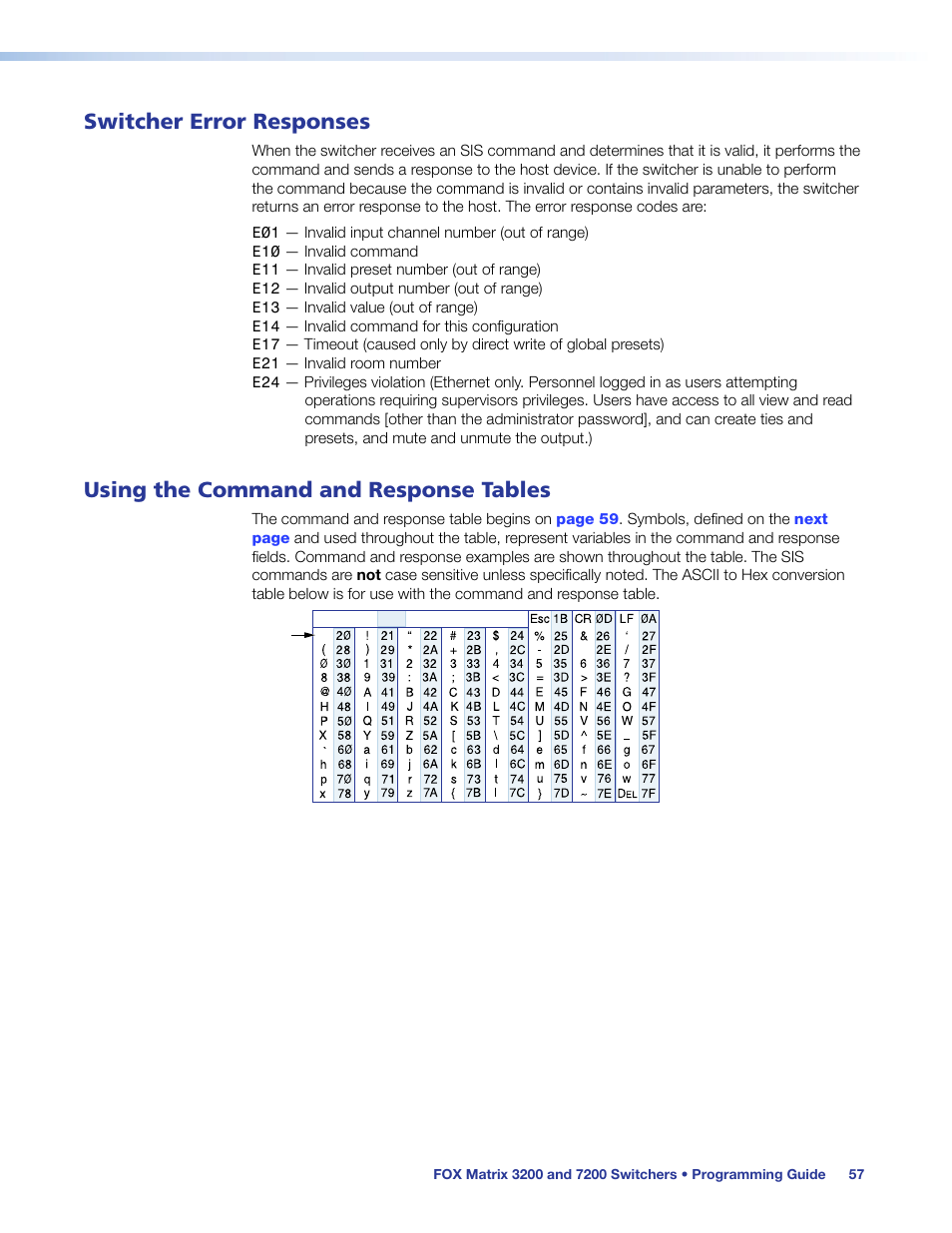 Switcher error responses, Using the command and response tables | Extron Electronics FOX Matrix 7200 User Manual | Page 65 / 132