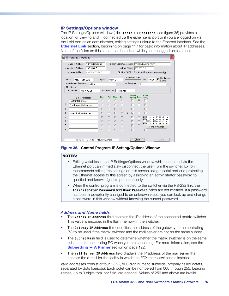 The ip settings/options window (see, Figure 36 | Extron Electronics FOX Matrix 7200 User Manual | Page 84 / 132