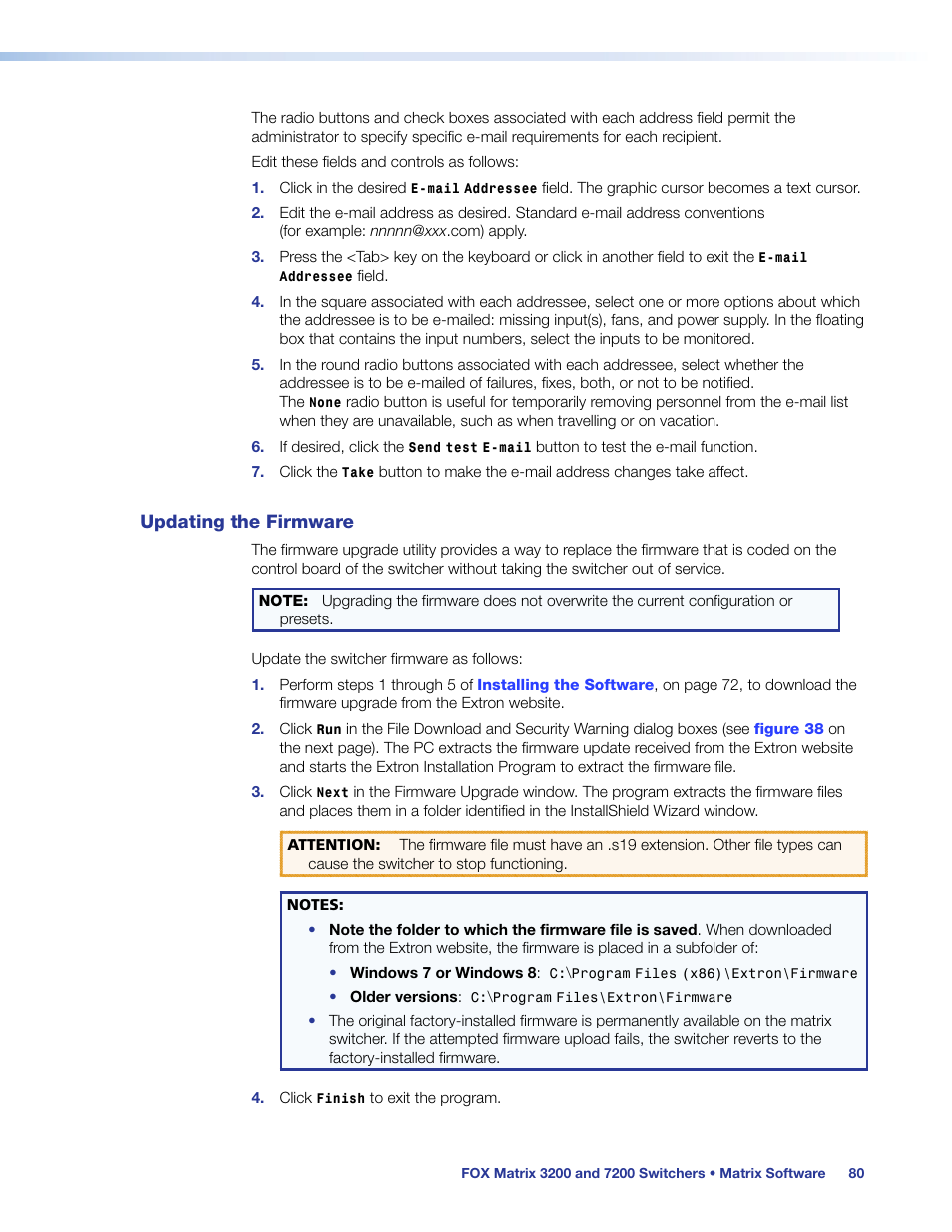 Updating the firmware, Matrix software, Section | N to | Extron Electronics FOX Matrix 7200 User Manual | Page 88 / 132