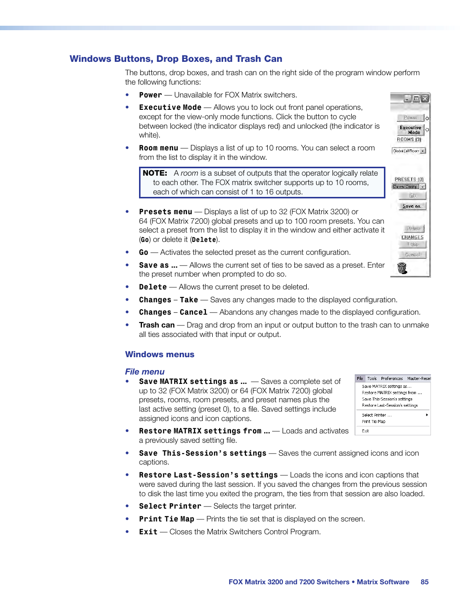 Windows buttons, drop boxes, and trash can, See the, Matrix software | Extron Electronics FOX Matrix 7200 User Manual | Page 93 / 132